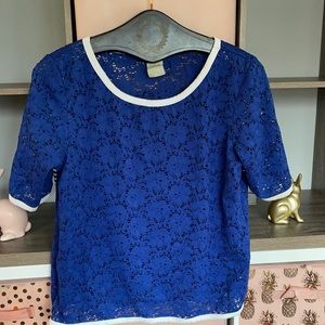 Blue Stretch Eyelet Top with White Piping